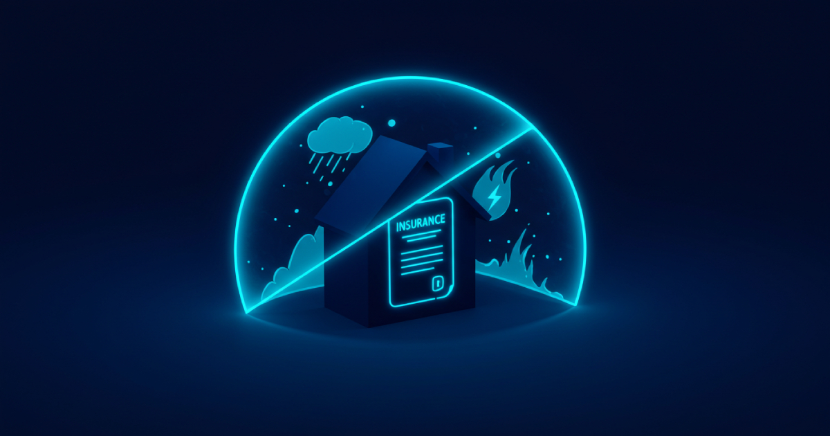 A stylized 3D illustration shows a dark blue house with a glowing insurance document inside a protective dome against threats like rain and fire, all rendered in a neon blue aesthetic against a dark background.